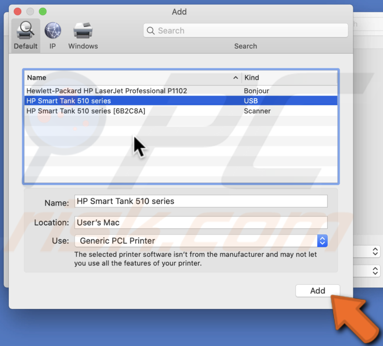 Add printer under USB to the list