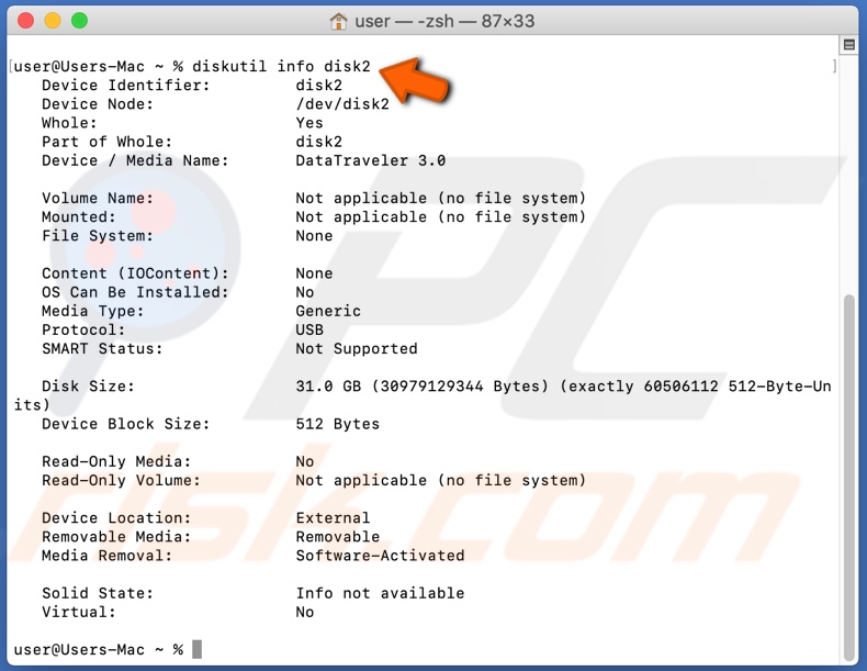Enter diskutil info disk2 in Terminal