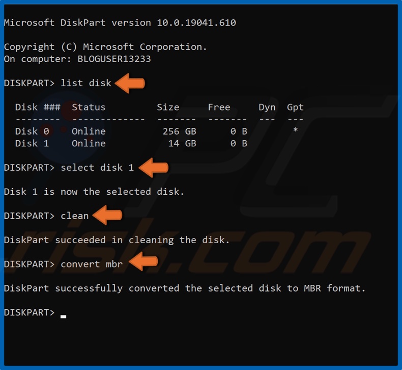 Enter the commands to convert to USB drive to MBR