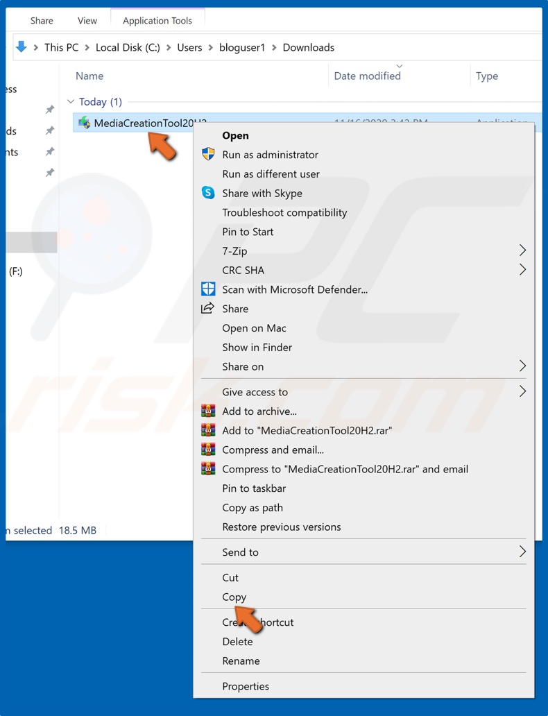 Right-click MediaCreationTool20H2.exe and click Copy