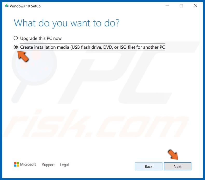 Tick the Create installation media option and click Next