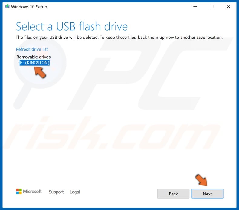 Select the USB drive and click Next