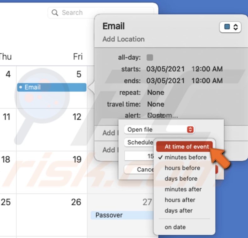Select to send the message at time of event