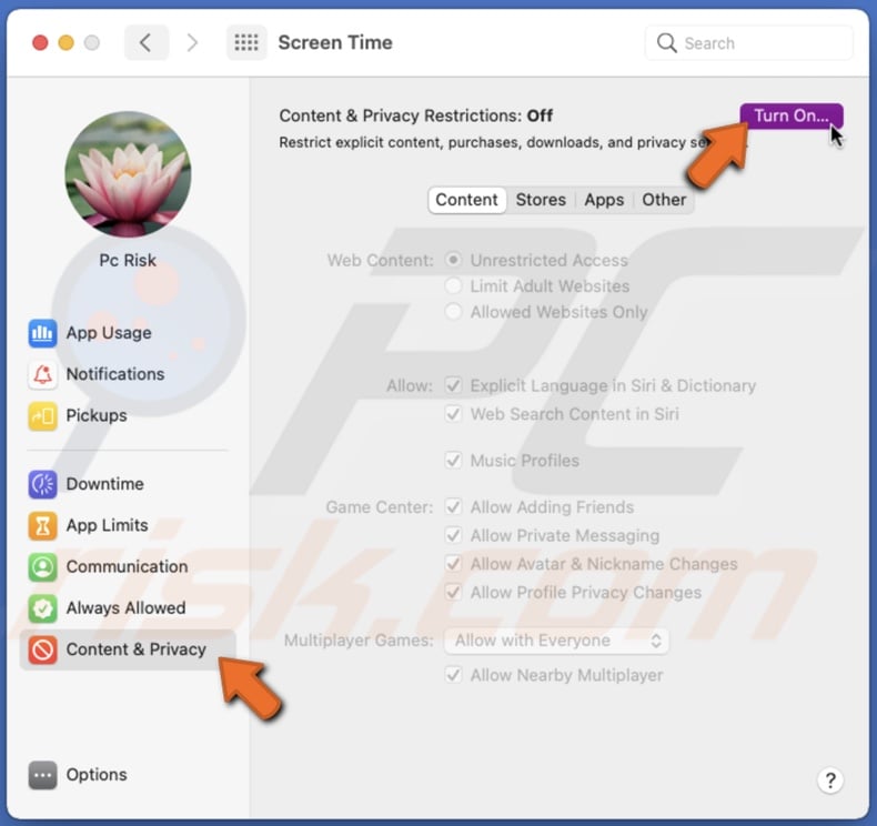 Enable content restrictions