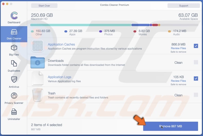 Clean Disk with Combo Cleaner