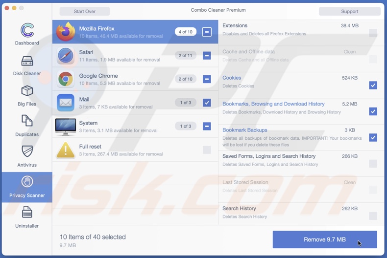 Clear browser cache, cookies, delete extensions with Combo Cleaner