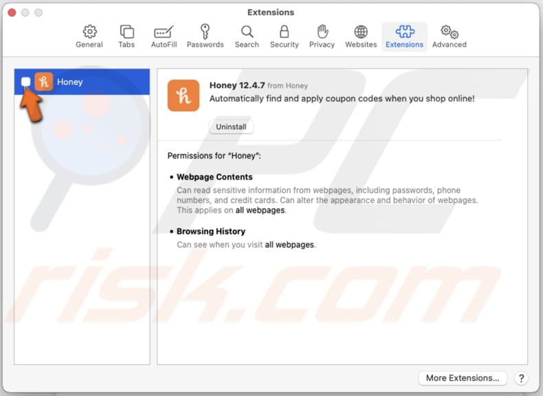 Disable extension in Safari