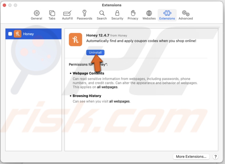Uninstall extension in Safari