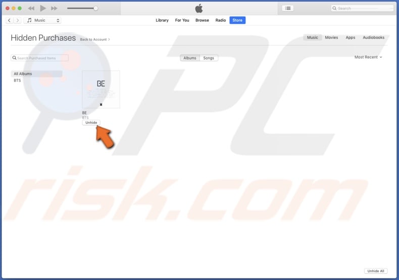 Unhide items in iTunes