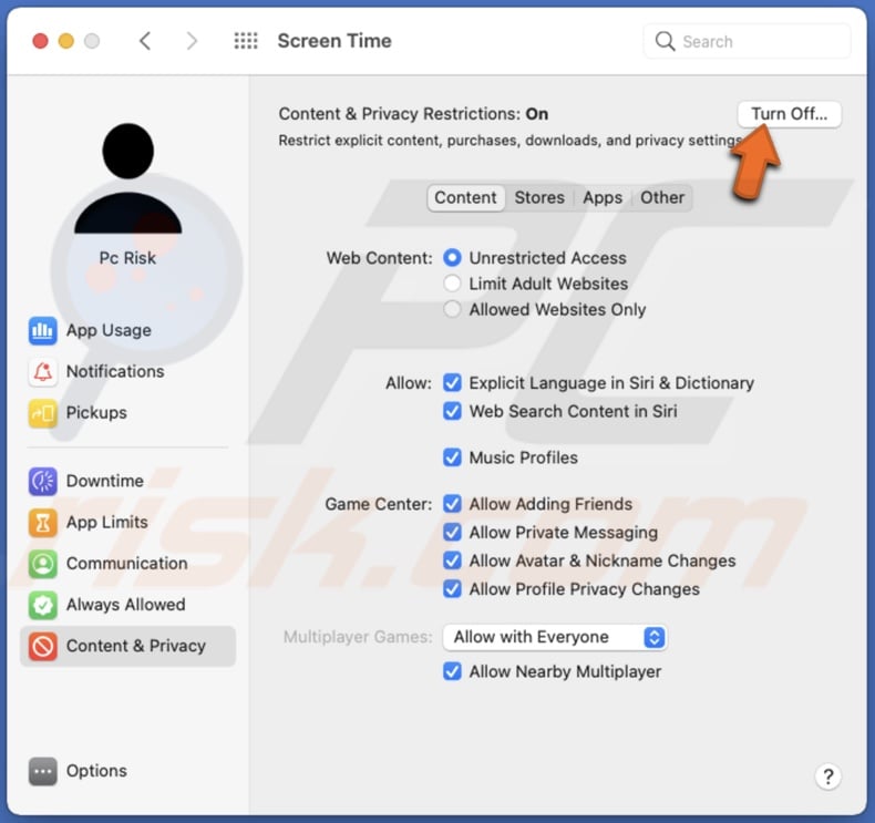 Disable screen time for content and privacy