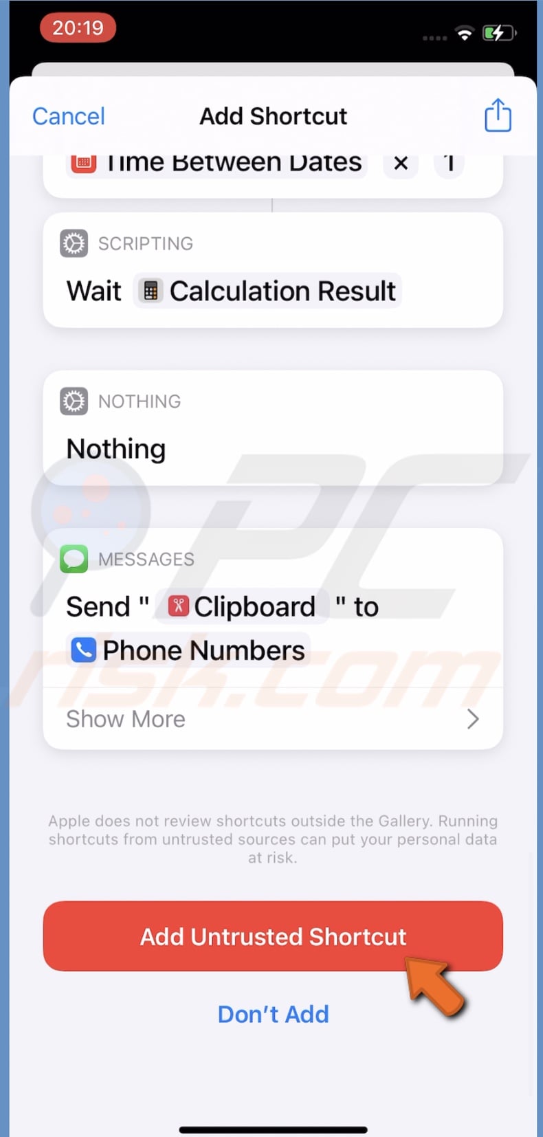Tap on Add Untrusted Shortcut