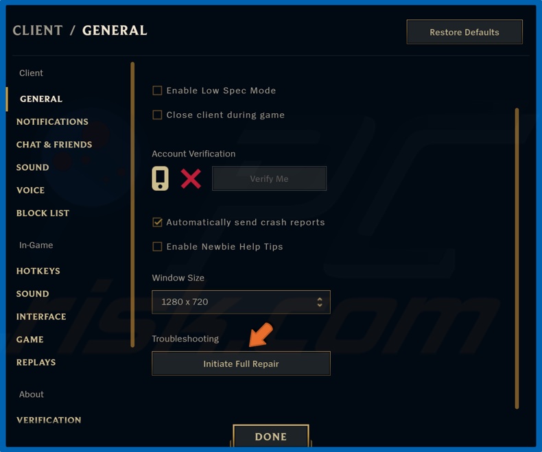 Click Initiate Full Repair