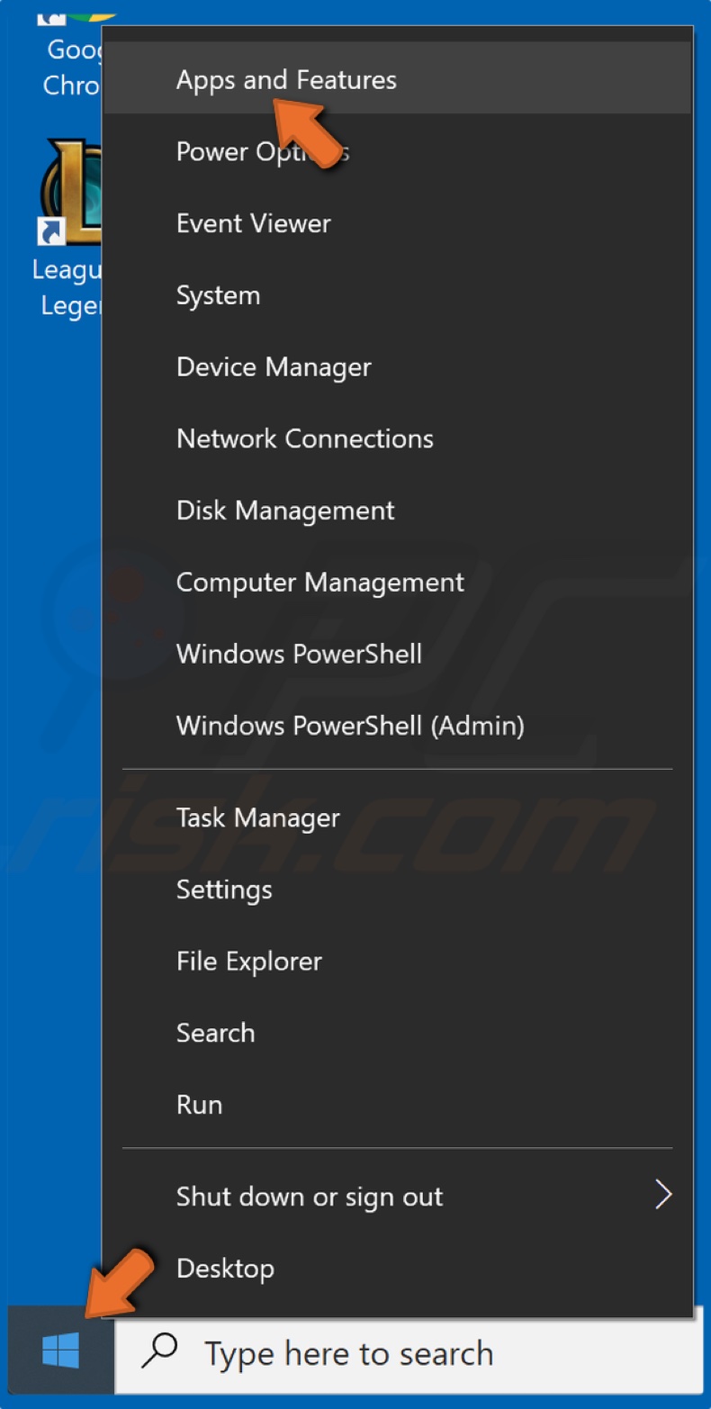 Right-click Start and select Apps and Features
