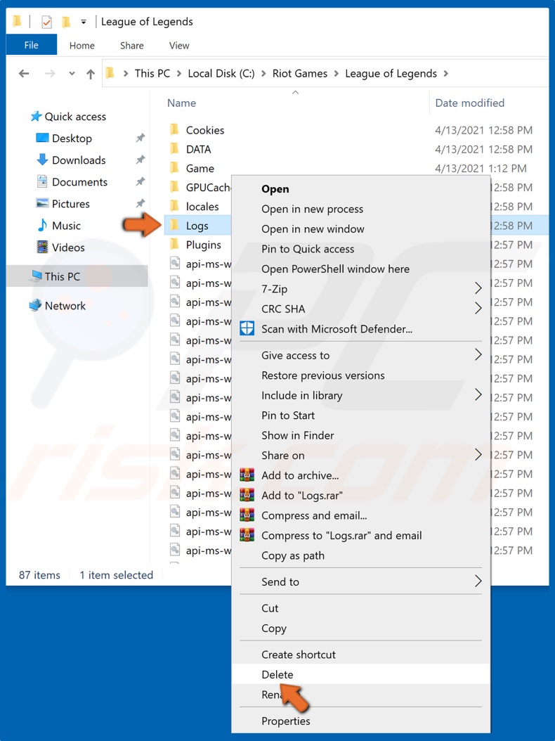 Right-click the Logs folder and click Delete