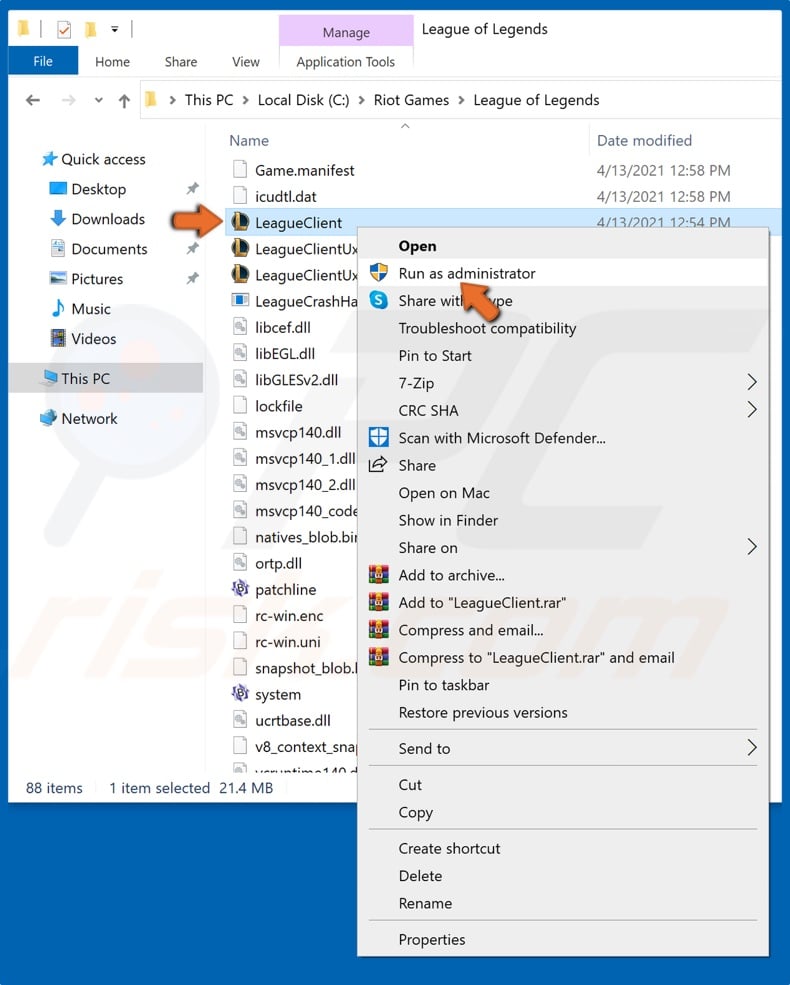 Right-click Leage of Legends and click Run as administrator