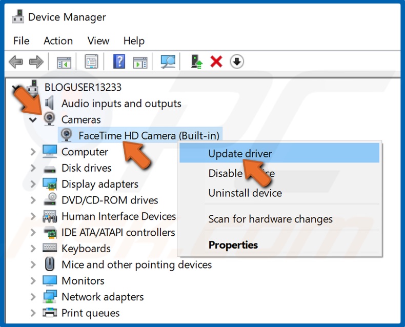 Right-click your webcam and select Update driver
