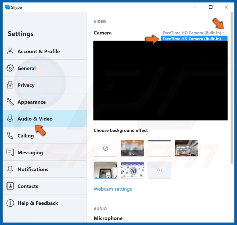 In the Audio & Video tab, open the drop-down menu and select your webcam