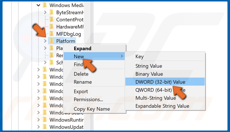 Right-click Platform, select New, and select DWORD (32-bit) value