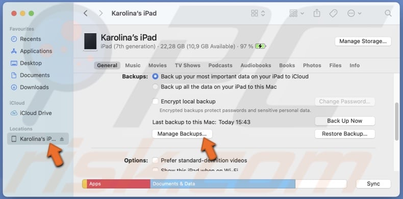 Click on Manage Backups