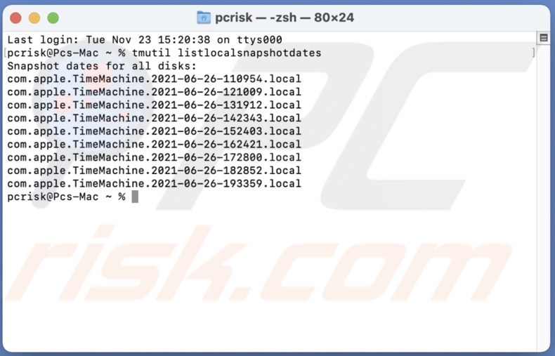 Time Machine snapshots sorted by date