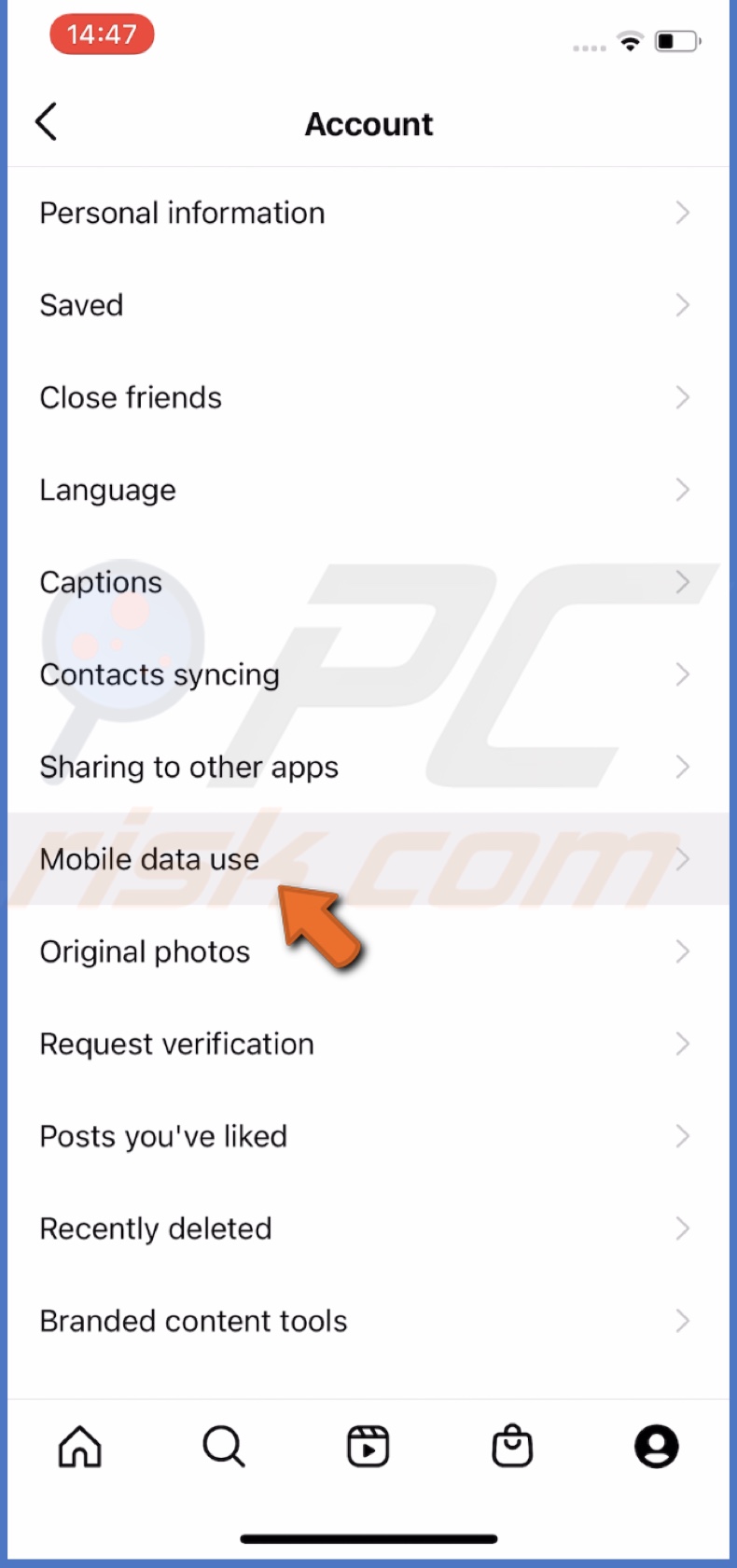 Tap on Mobile Data Use