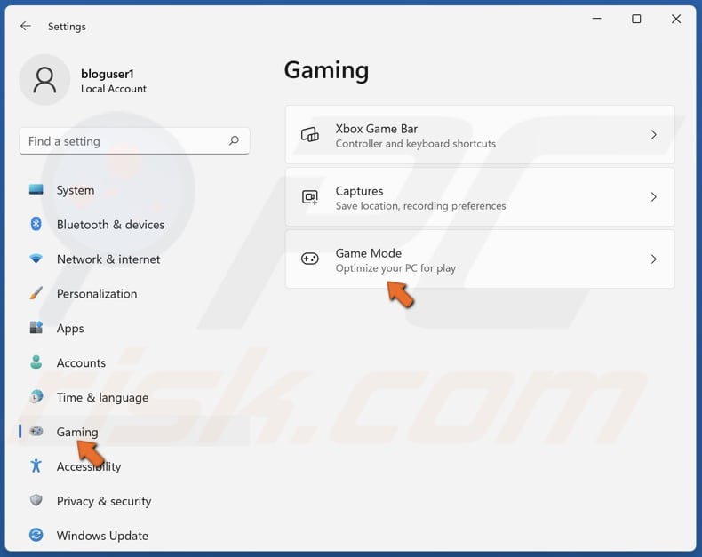 Select Gaming and select Game Mode