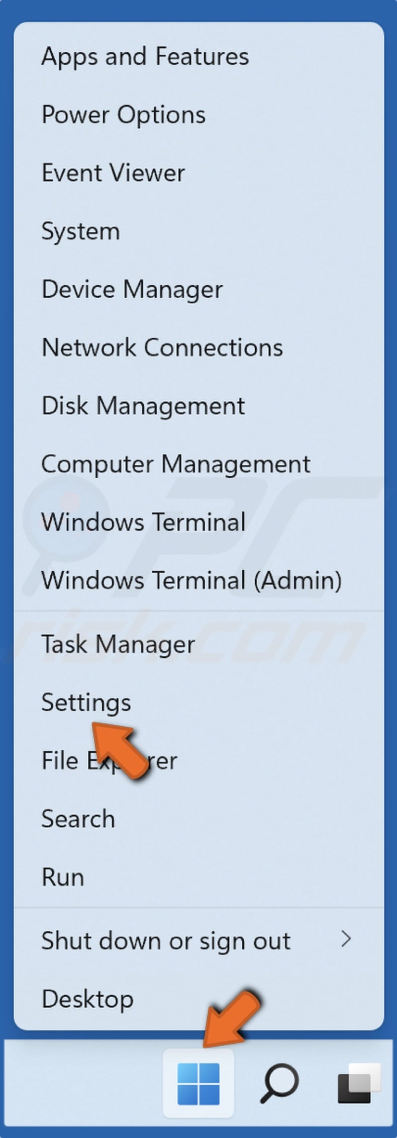 Right-click Start and click Settings