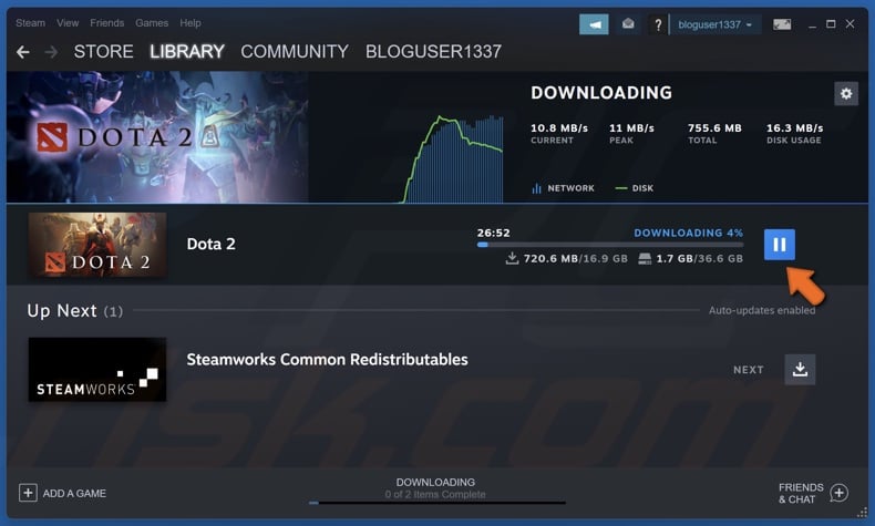 Click the Pause download button for all active downloads