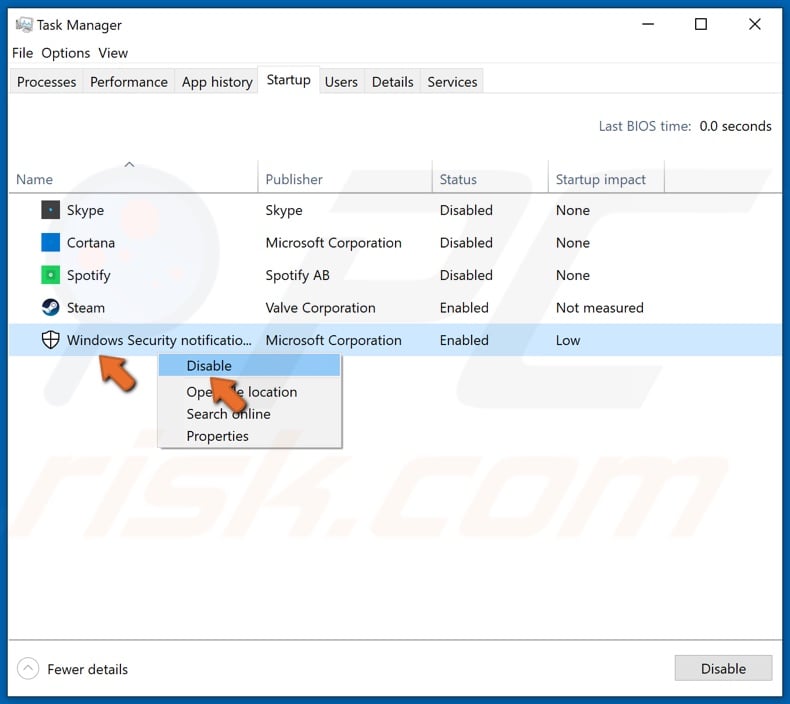 Right-click each startup app and click disable