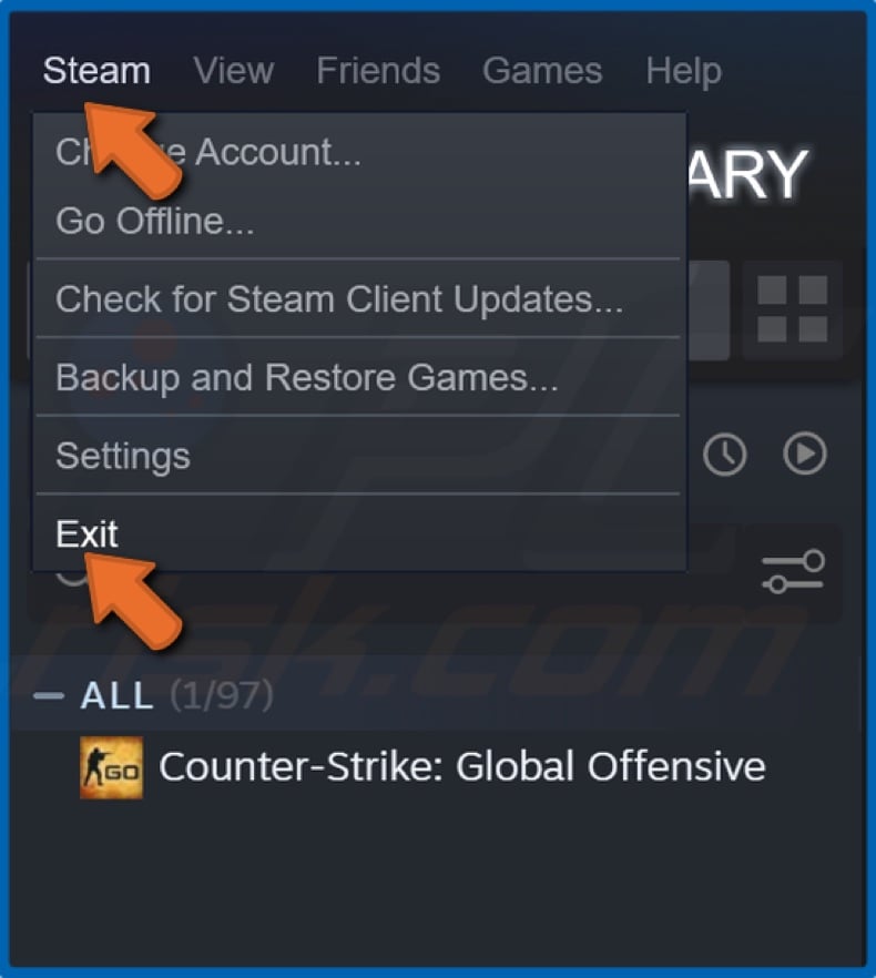 Open the Steam menu and click Exit