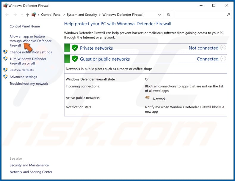 Click Allow an app or feature through Windows Defender Firewall
