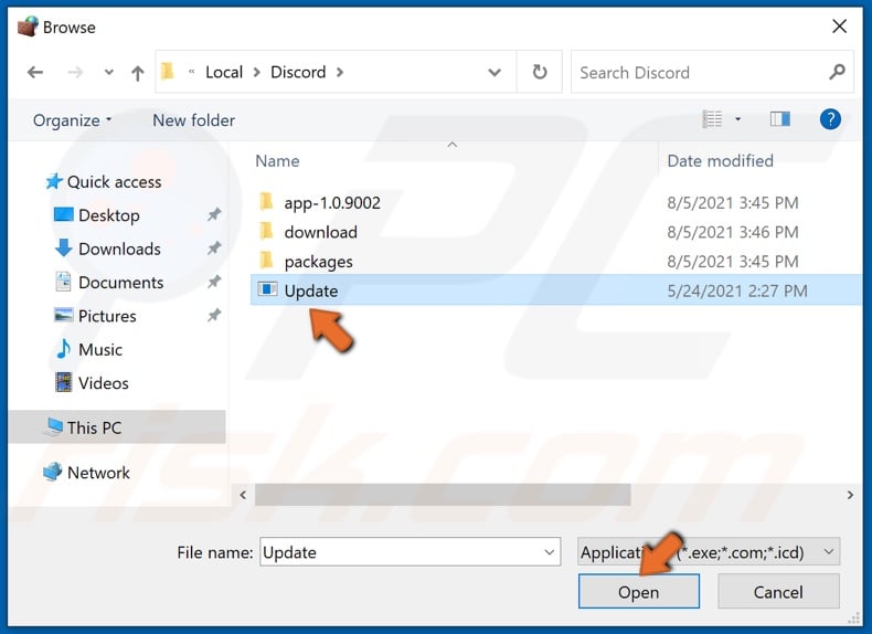 Select Update.exe and click Open