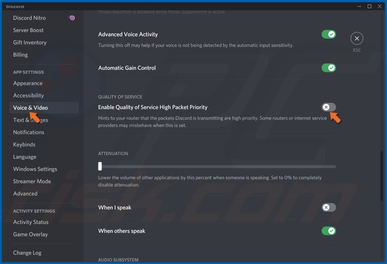 Toggle the Enable Quality of Service High Packet Priority slider off
