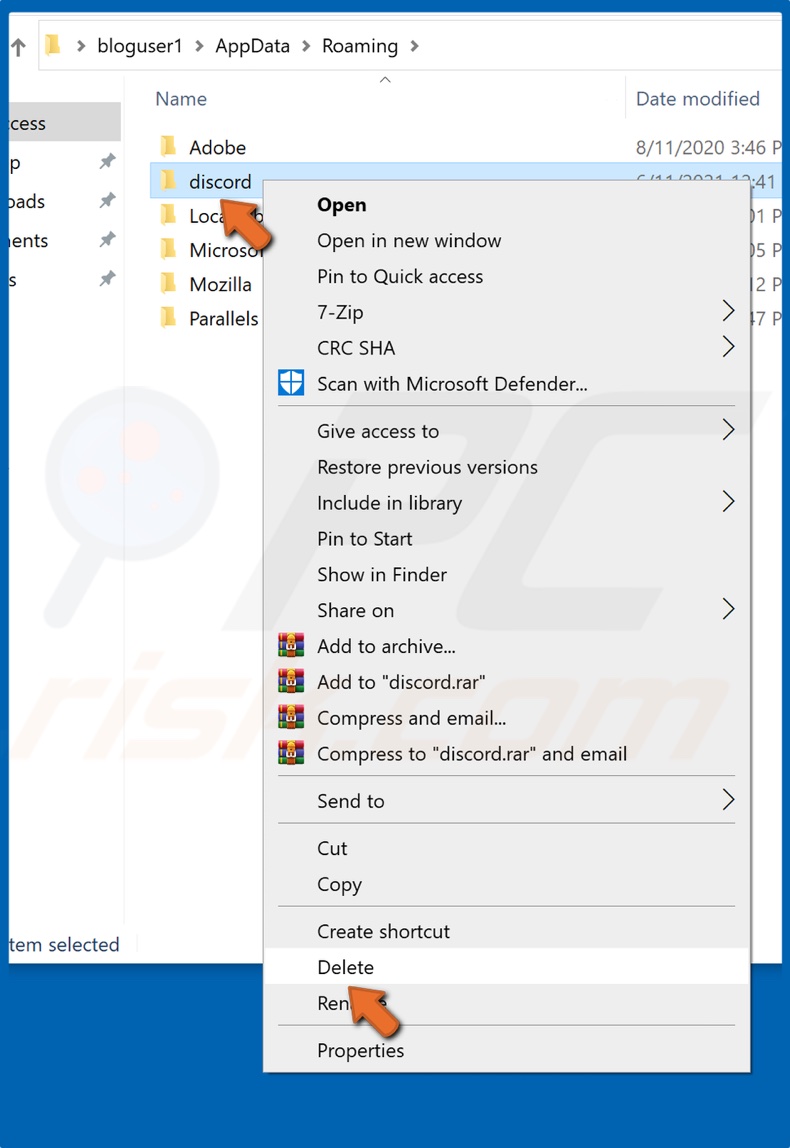 Right-click Discord folder and click Delete