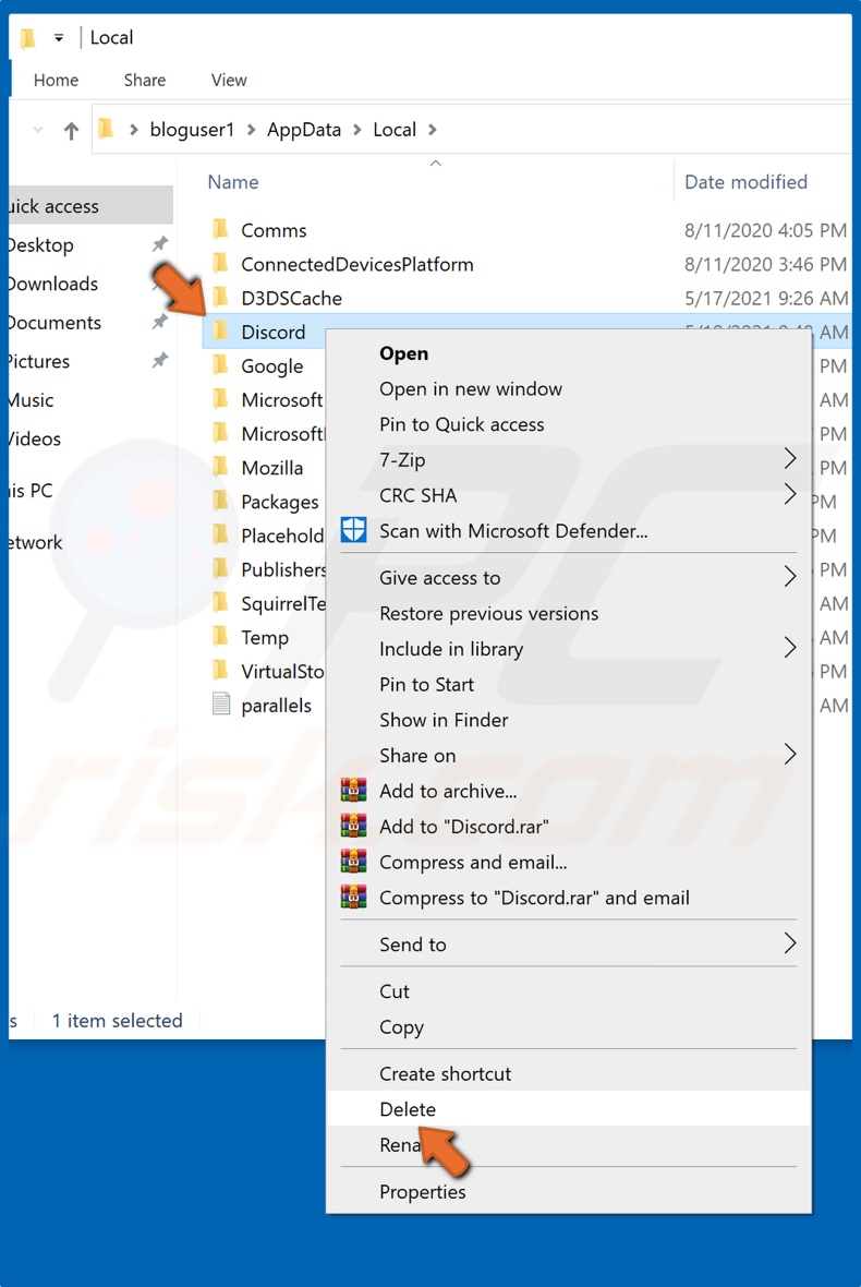 Right-click Discord folder and click Delete