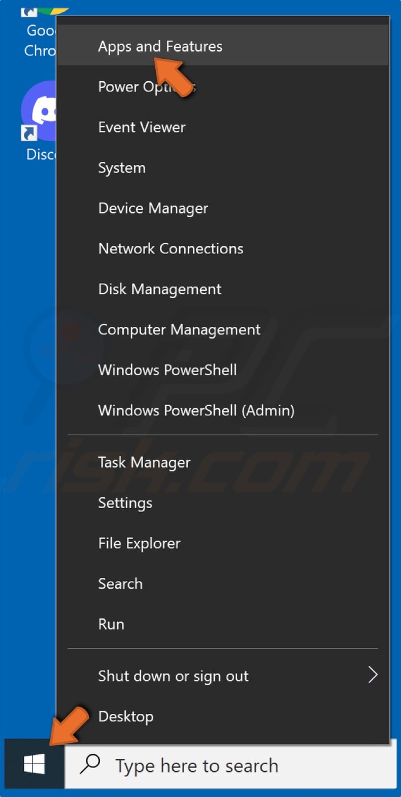 Right-click the Start Menu button and click Apps and Features