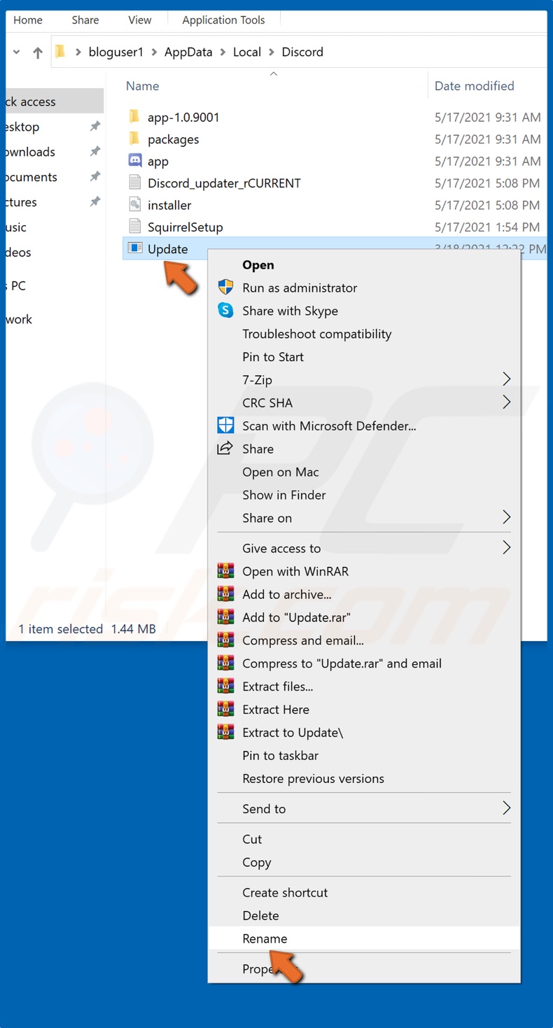 Right-click Update.exe and click Rename