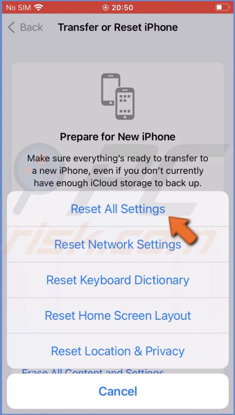 Reset all settings