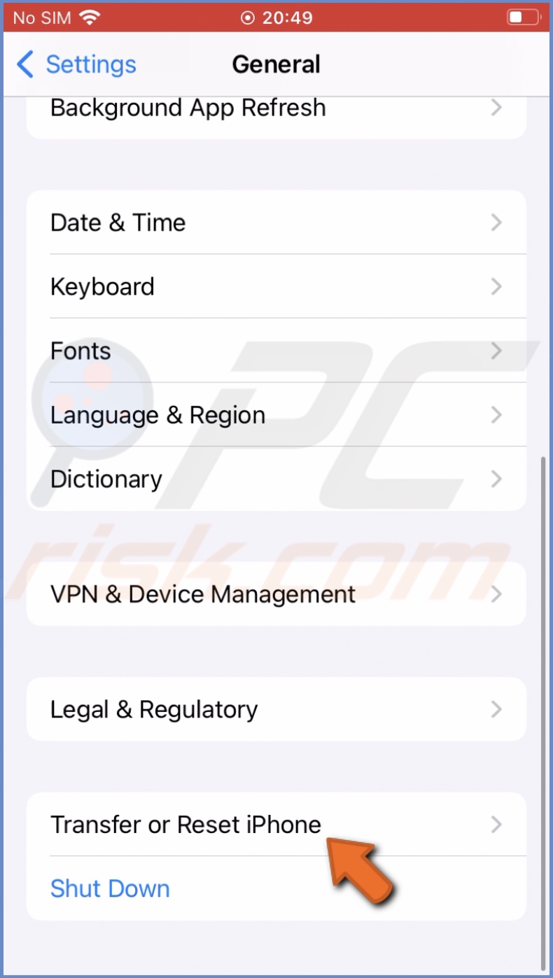 Tap on transfer or reset iphone
