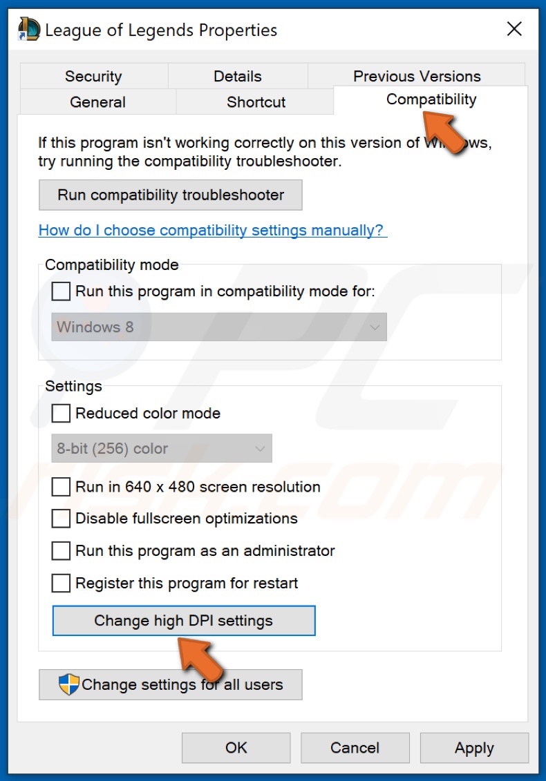 Click Change high DPI settings