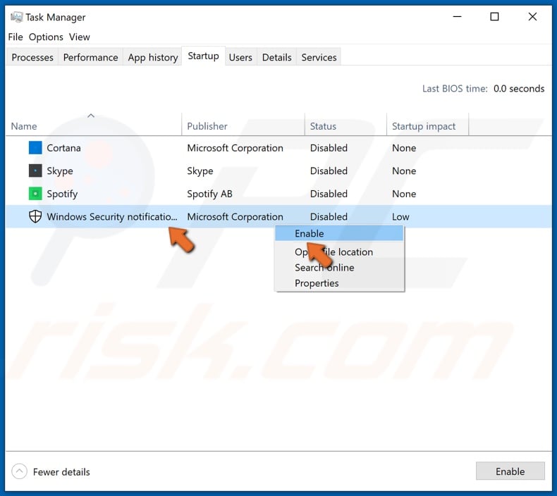 Enable previously disabled startup apps