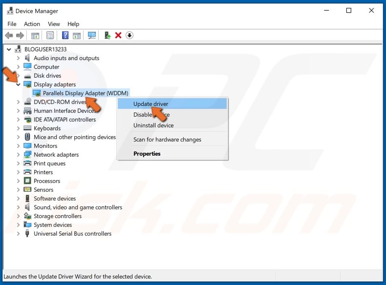 Expand Display adapters list, right-click your display adapter and click Update driver