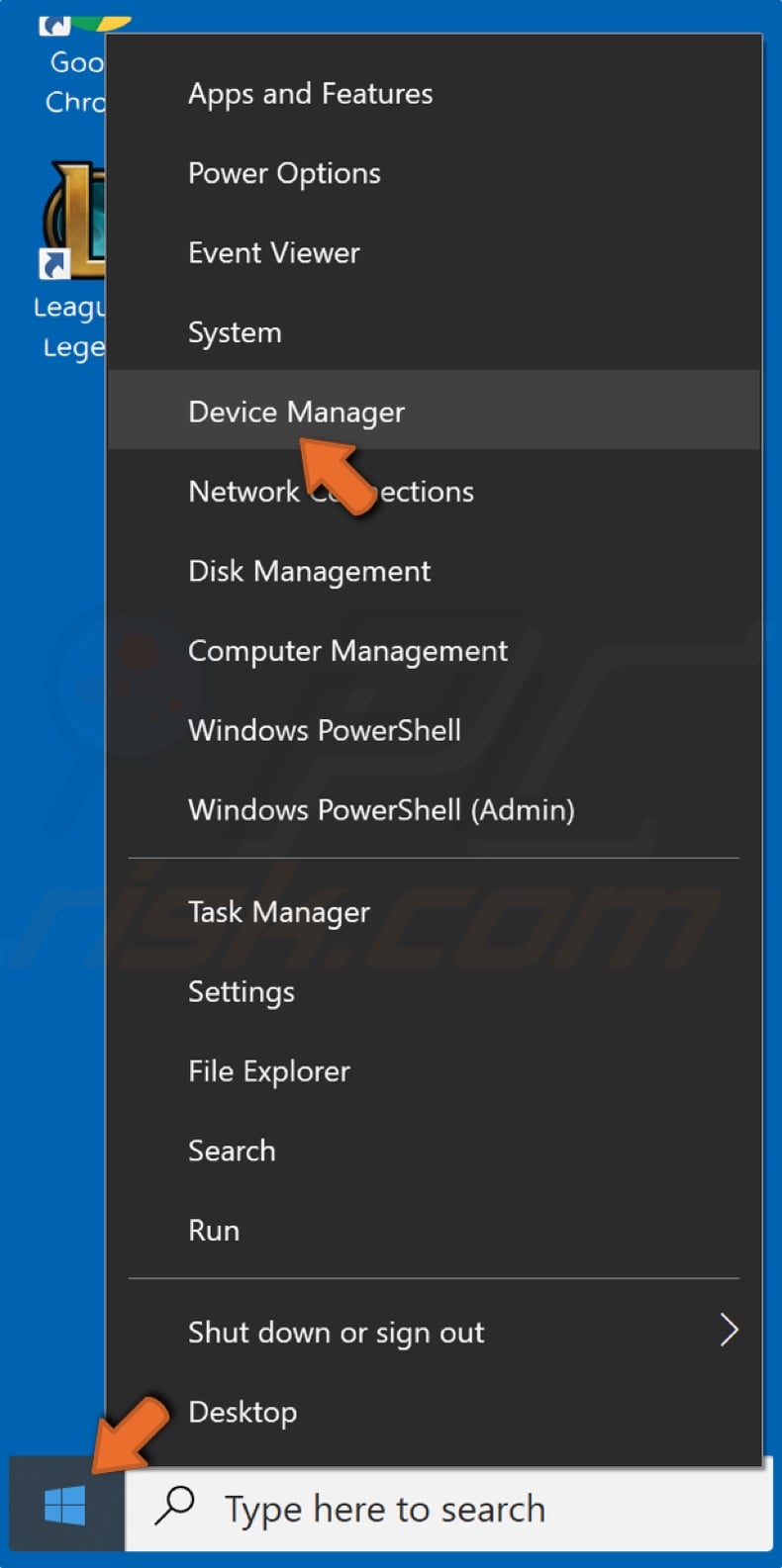 Right-click Start and click Device Manager