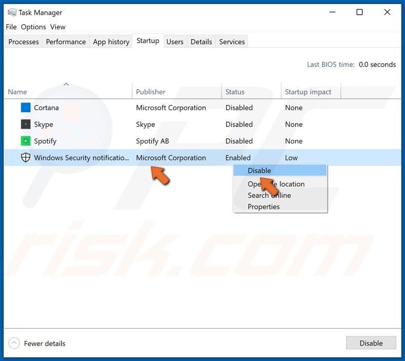 Right-click each startup app and click Disable