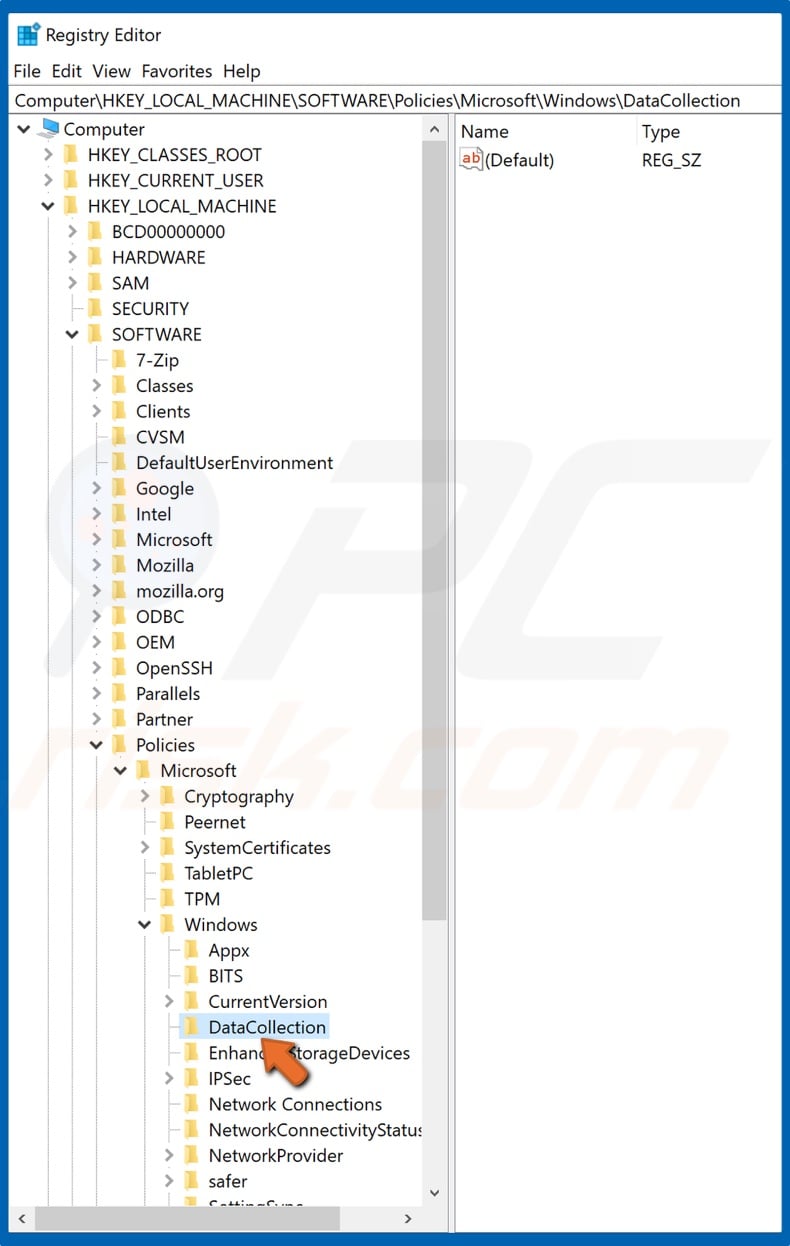 Navigate to DataCollection in the Registry Editor