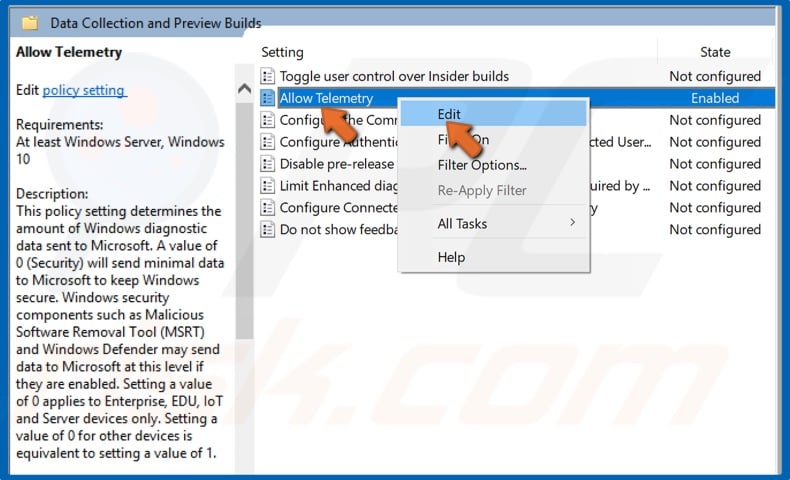 Right-click Allow Telemetry and click Edit