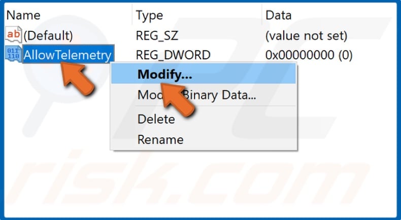 Right-click AllowTelemetry and click Modify