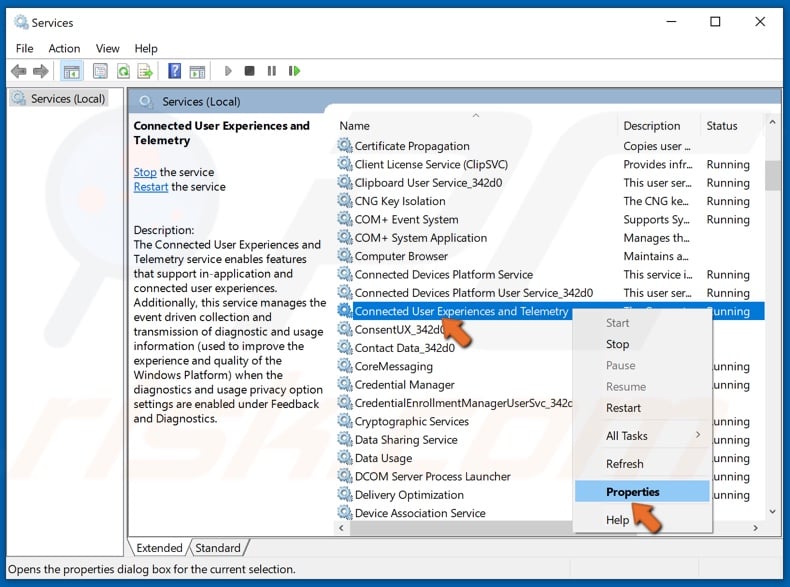 Right-click Connected User Experience and Telemetry and click Properties