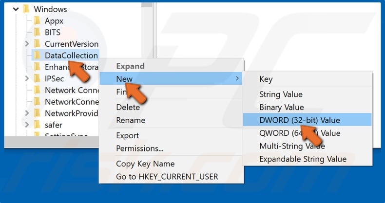 Right-click DataCollection and select New and then click DWORD (32-bit) Value