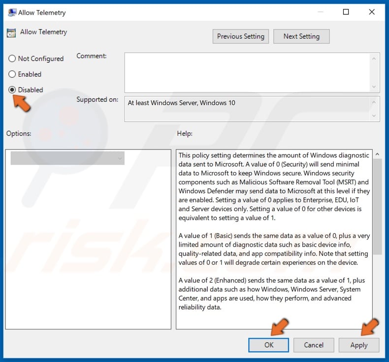 Select Disabled and then click Apply and click OK